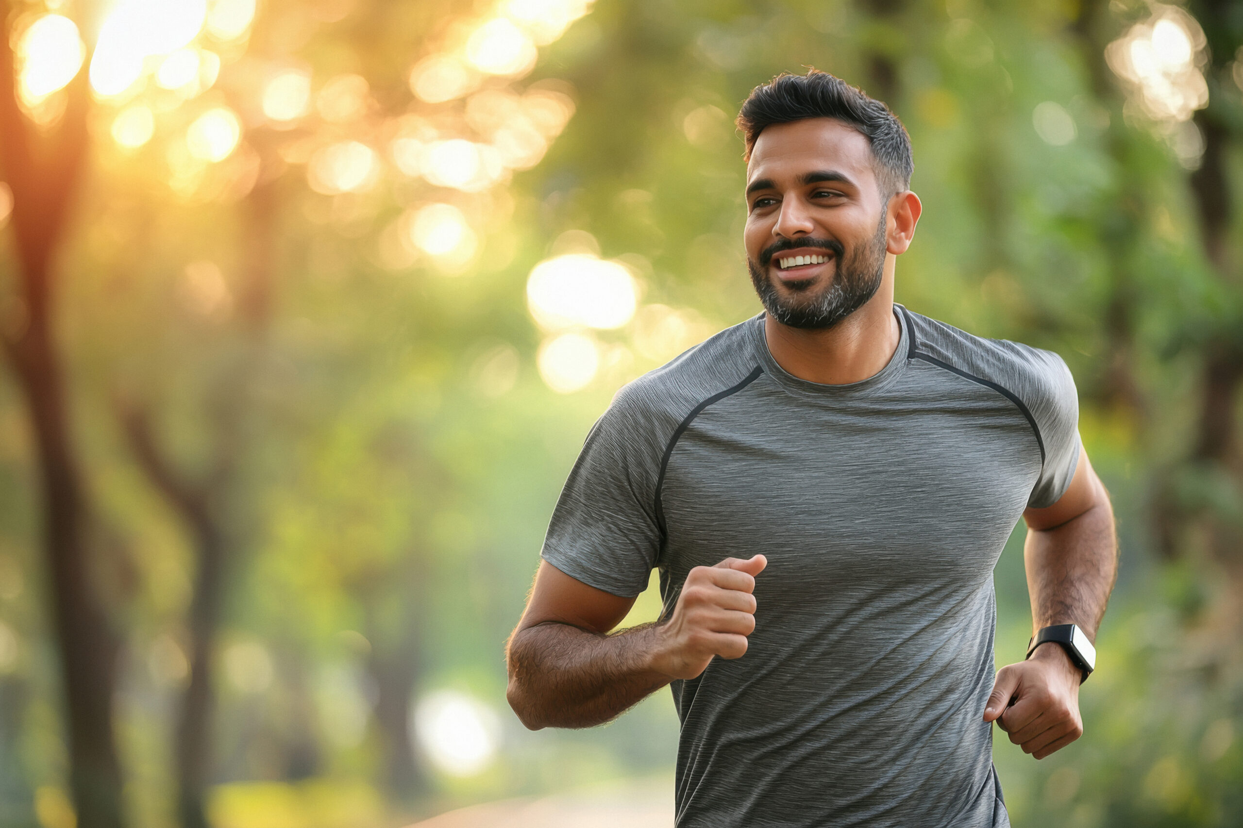 Man running through a park at sunrise